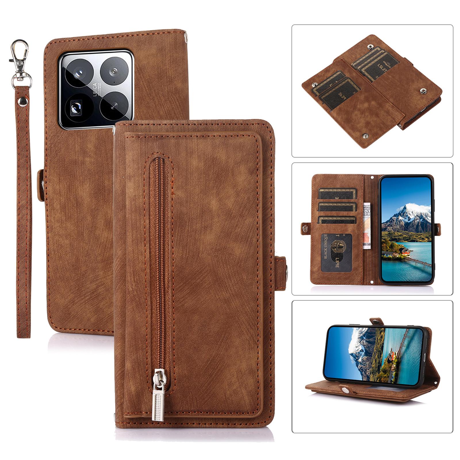 

Чехол для Xiaomi 15 Pro с карманом на молнии, 9 слотами для карт, кожаный чехол для телефона из ПУ с ремешком на запястье Brown