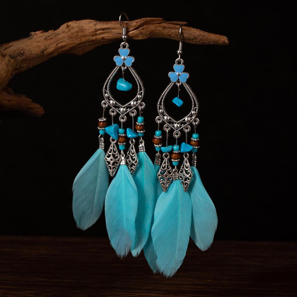 Bohemian Faux Silver Feather Tassel Mosquito Coil Earrings: Summer Retro Ethnic Ear Jewelry
