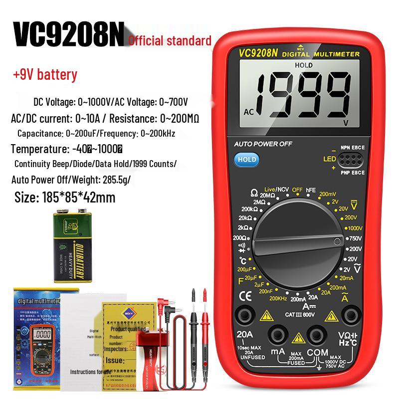 Shengde DT9205N High-Precision Digital Multimeter with Anti-Burn Protection and Auto Power-Off