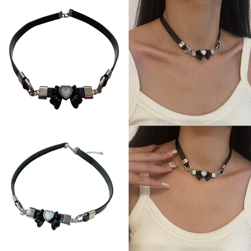Y2K Aesthetic Heart Bowknot Choker Necklace Trendy Neckchain Jewelry Accessory Deliacte Pendant Neck Chains for Women