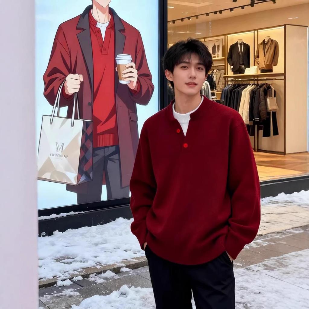 Men's Red Round Neck Sweater: New Year Two-Piece Look, Spring/Autumn Knit, Unisex Base Layer