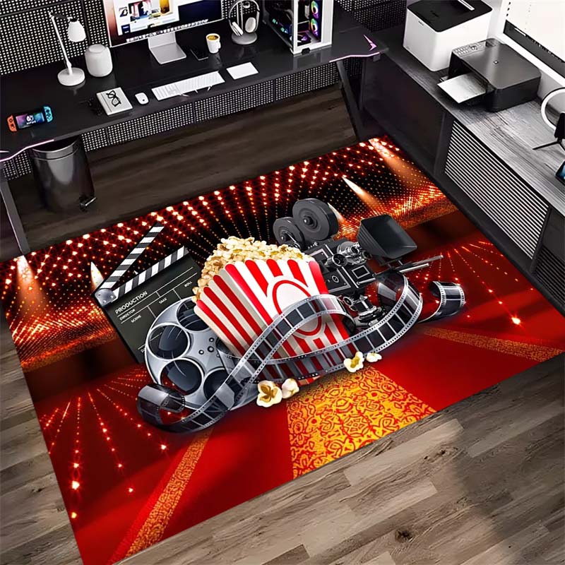Movie Popcorn Film Projector Clapperboard Print Area Rug Cinema Theme Non‑Slip Rectangular Floor Mat Home Decor Rug for Gaming Room Living Bedroom