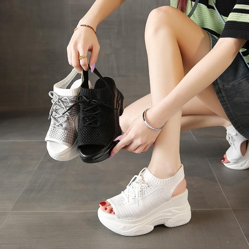 Sports Sandals Women's High-heeled Large-size Wedge Heel Fish Mouth Women's Sandals Thick-soled Mesh Lace-up Elastic Women's Shoes