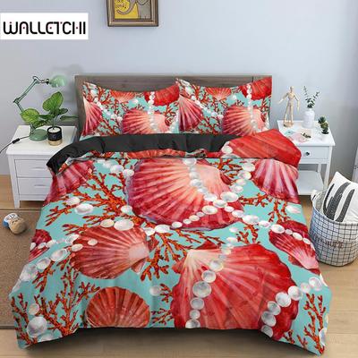 Shell Bedding Set Coral Polyester Color Shell Comforter Cover Quilt Cover King Queen Size Bedding Set for Women Kids Room Decor