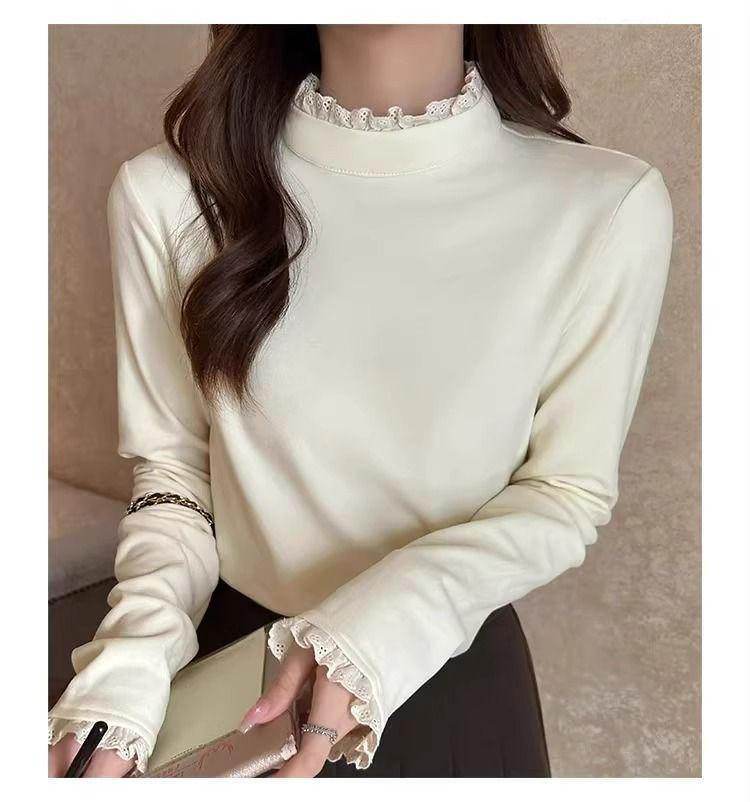Women's Long Sleeve Fleece Lace Patchwork Slimming Base Layer Top for 2026 Autumn/Winter