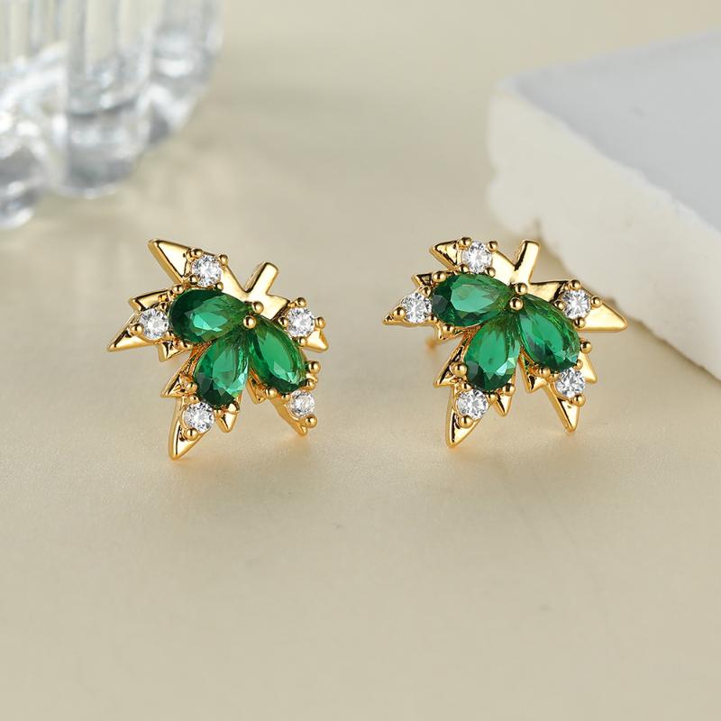 Exquises Boucles d'Oreilles Puces Feuille d'Érable Verte pour Femmes Mignonnes Boucles d'Oreilles Couleur Or Bijoux de Mode