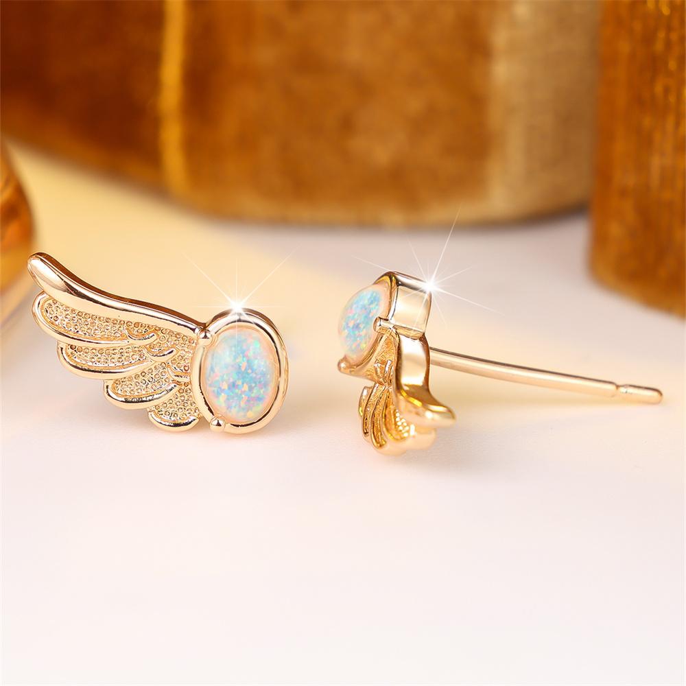 Cute Angel Wings White Opal Oval Stone Stud Earrings For Women Vintage Fashion Gold Color Wedding Jewelry Valentine's Day Gifts