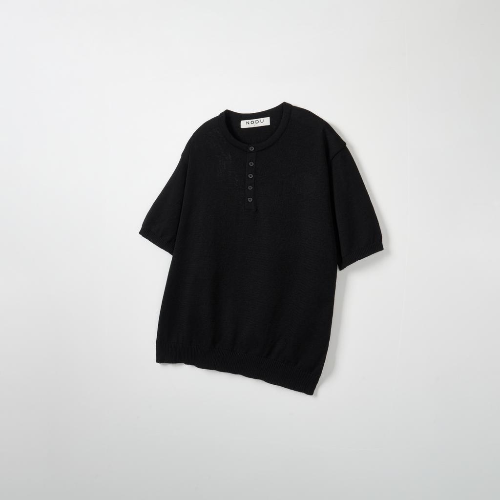 NODU Plain Henley Neck Short Sleeve Knit [Black]