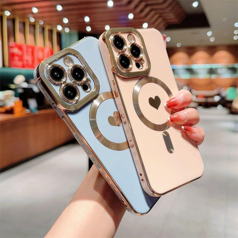 Love Heart Wireless Charging Phone Case For Iphone 14 13 12 11 Pro Max 14 Plus 14pro Shockproof Plating Magnetic Soft Back Cover