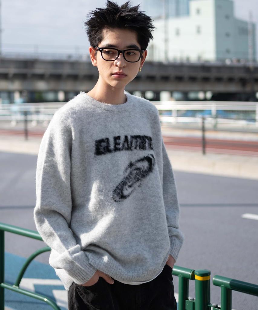 WEGO Unisex Shaggy Graphic Pullover Sweater Knit Oversized Big Size M Top, Casual, Silhouette, Gift, Present, Spring, Autumn, Winter, Men's, Gray,