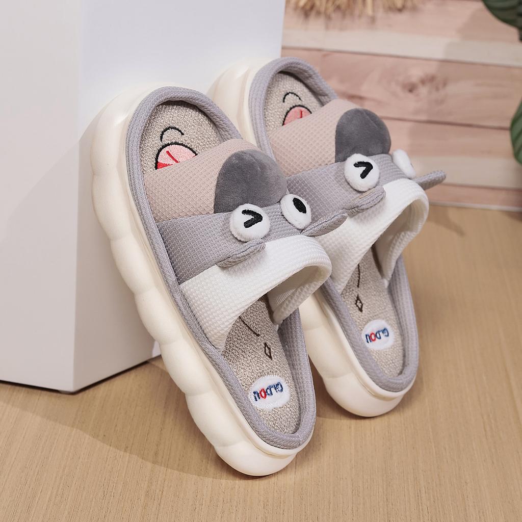 Bear cute linen slippers women's four seasons home indoor comfortable thick bottom spring and autumn cotton and linen sandals summer
