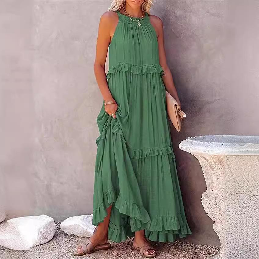 European and American 2025 Summer Ruffle Long Dress - Women's Flowing Holiday Beach Style