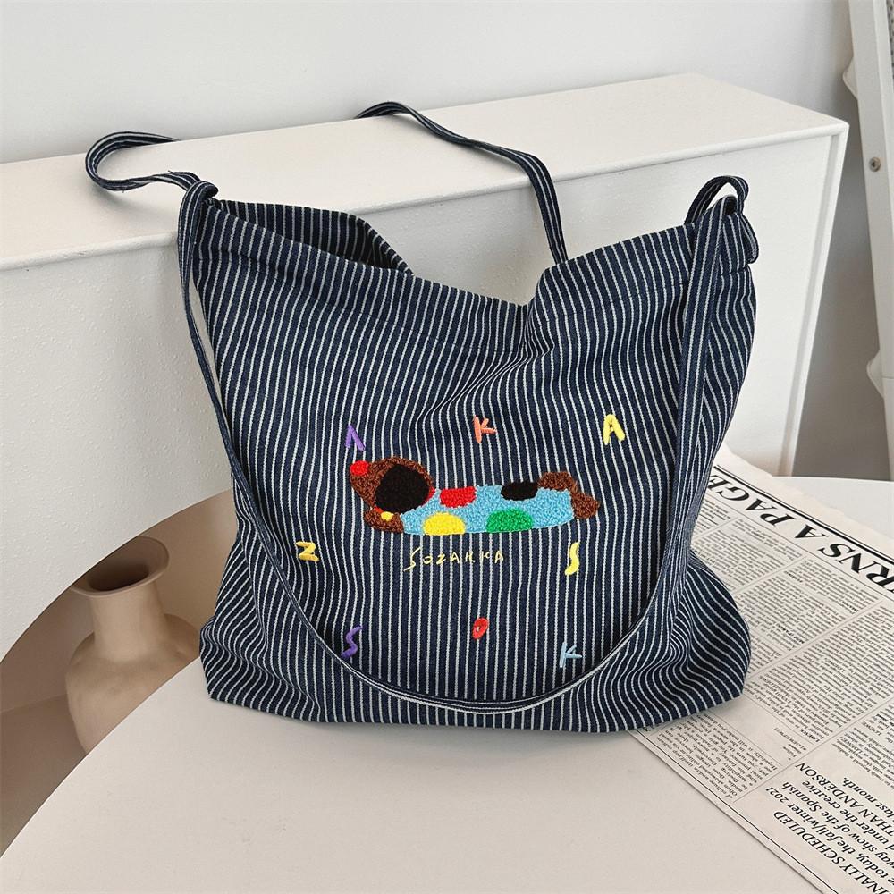 Adorable Korean Style Cartoon Dog Embroidered Striped Canvas Tote Bag For Students