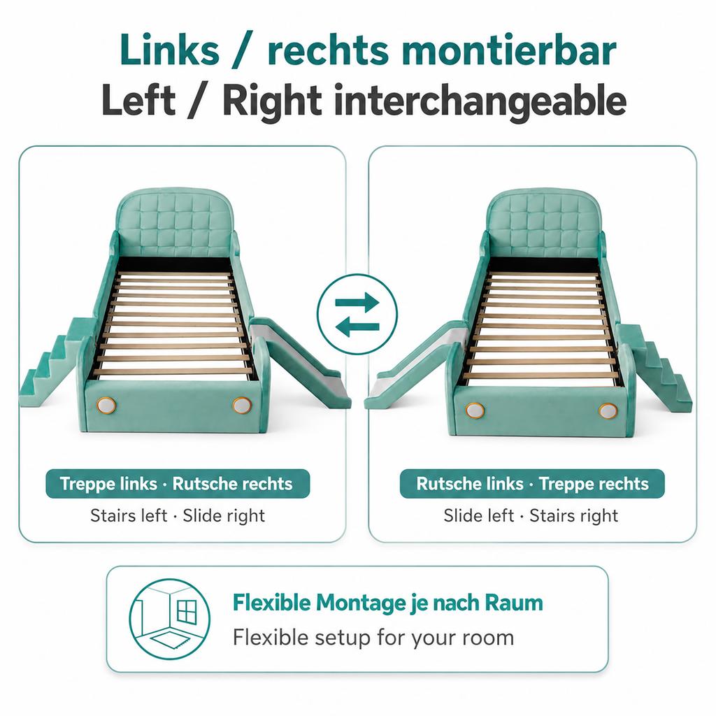 Bett, Autofahrerbett mit Rutsche und Treppe, Links/Rechts montierbar, Polsterbett in Petrol, Spielbett mit Absturzsicherung für Kinderzimmer, 90x200 cm