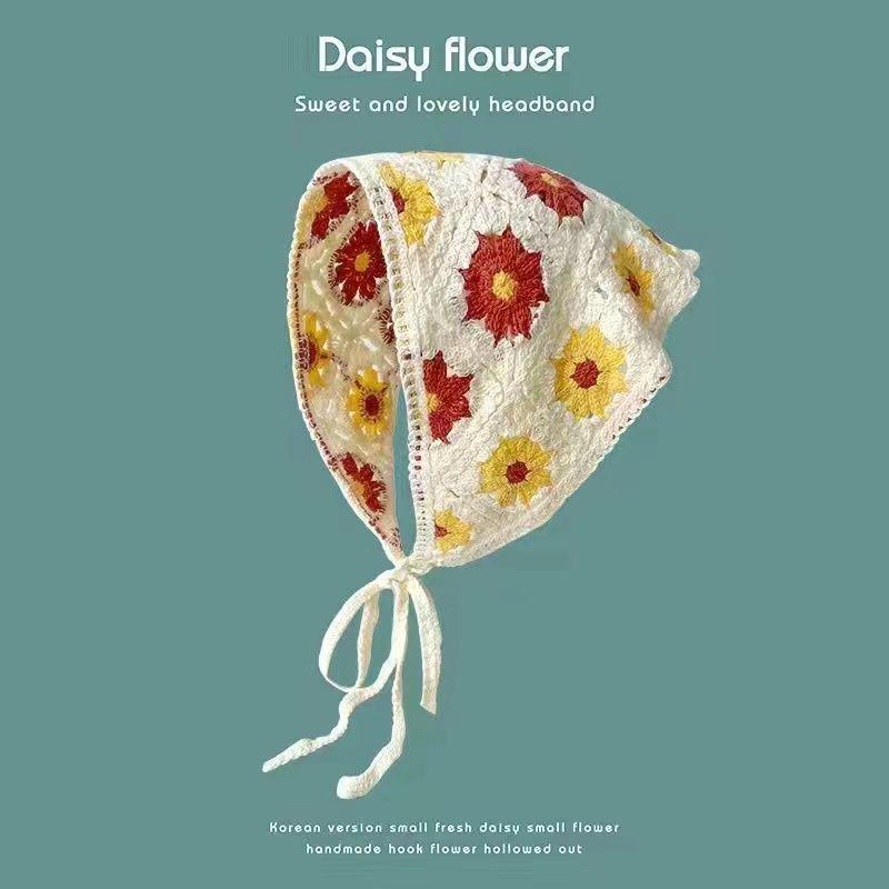 Korean Style Knitted Crochet Triangle Scarf: Women's Sweet Flower Headscarf Hat
