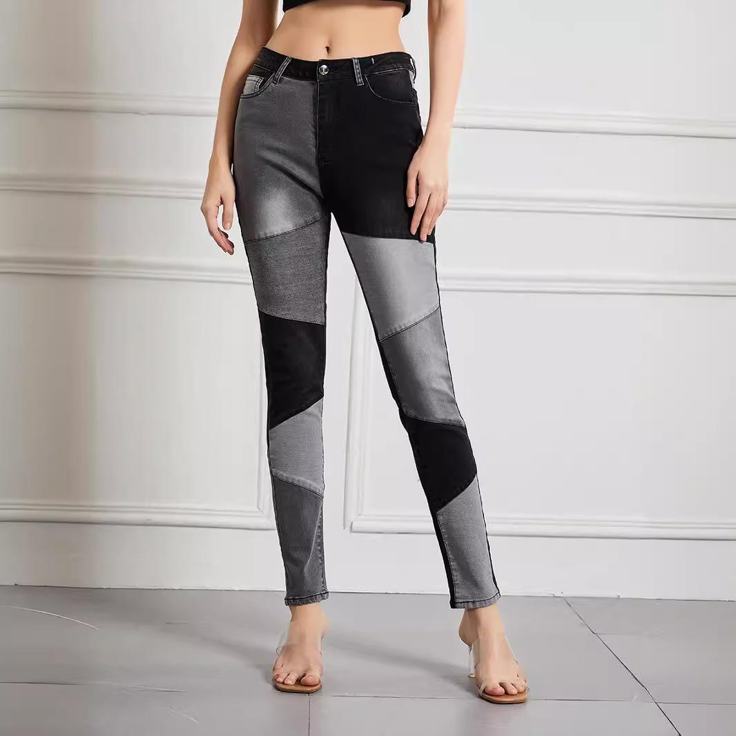 

GMXIA Women s Jeans Slim High Waist High Stretch Splicing Trousers Large Size Women s Pants Clash of Colours XXL чёрный