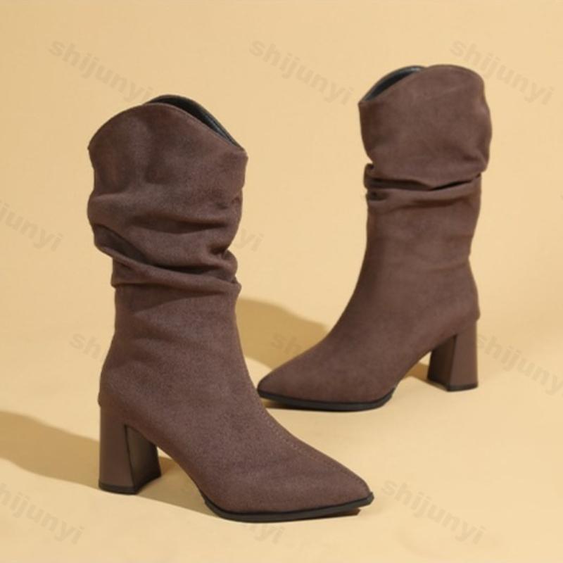 Women's Cowboy Boots Autumn Winter New Non Slip Pointed Toe Comfortable Medium Shoes Height Increase Fashion Vintage Short Boots