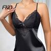 Robe de nuit en soie pour femme, Robe de nuit en satin pour femme, Décolleté en V sexy, Chemise de nuit en satin douce, Ensemble pyjama complet, Vêtement de nuit, Mini robe de nuit sans manches en dentelle transparente avec