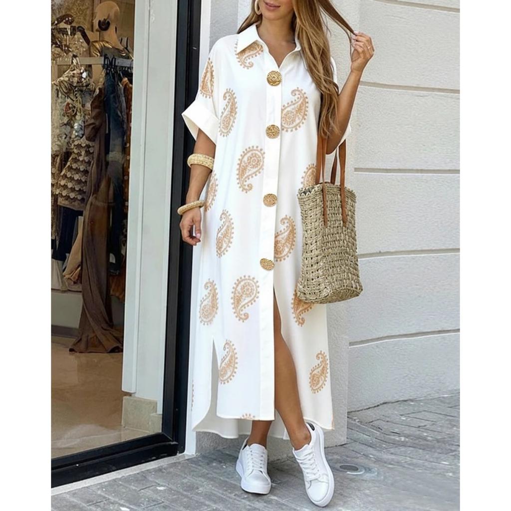Women's Floral Printed Shirt Dress Casual Commute Fashion Dress for Europe America Crossborder