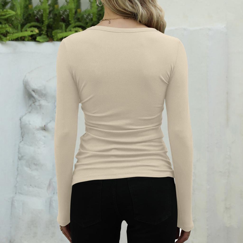 Camiseta Básica de Manga Larga para Mujer, Cuello Redondo, Canalé, Color Liso