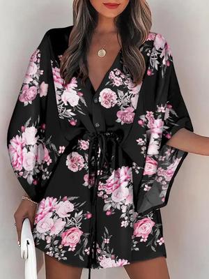 Letnia Mini sukienka damska drukuj rękaw w kształcie skrzydła nietoperza sznurowane V Neck luźne sukienki z guzikami damska sukienka na plażę