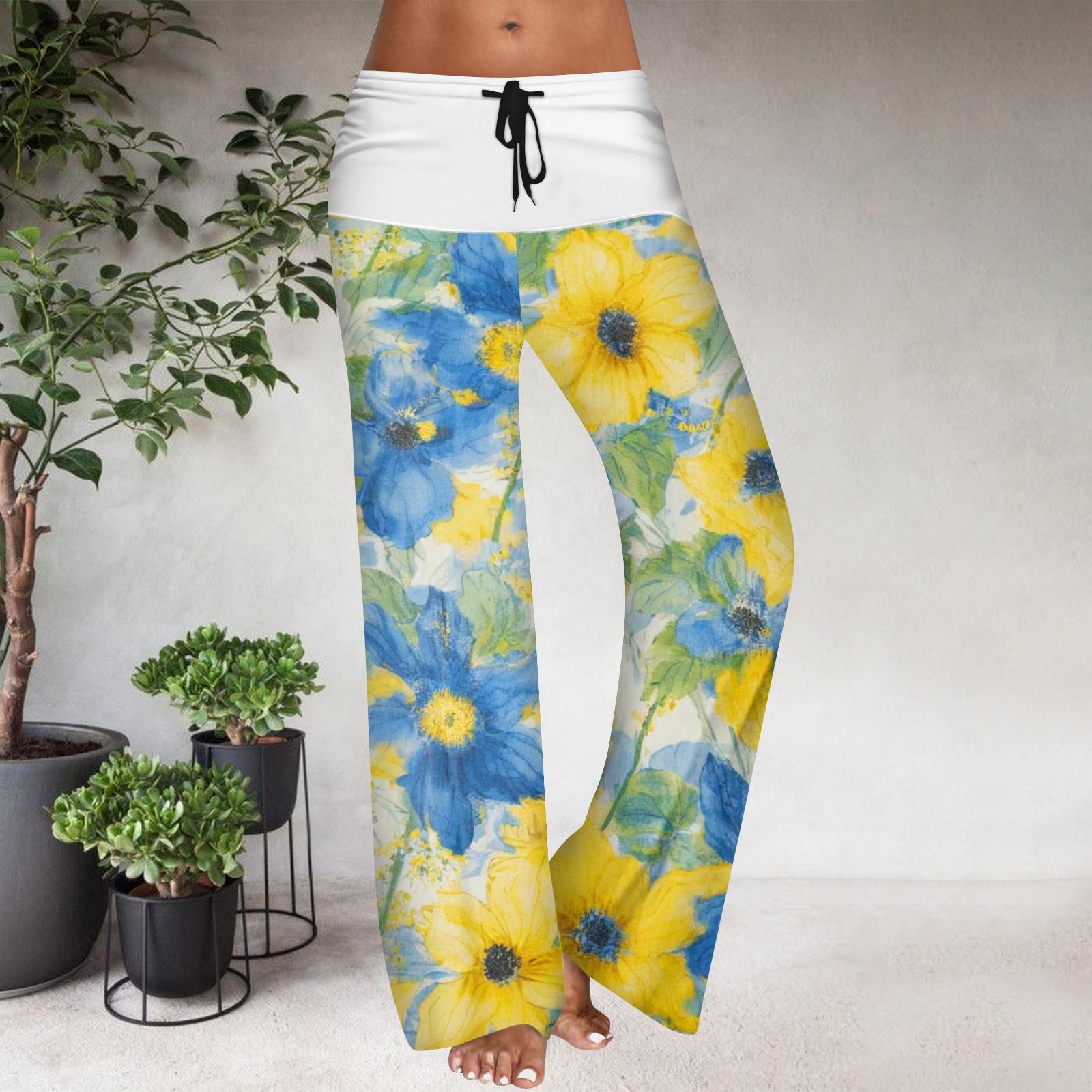 

Женские повседневные брюки с широкими штанинами, эластичным поясом на кулиске, цветовой блок, с цветочным принтом XL жёлтый