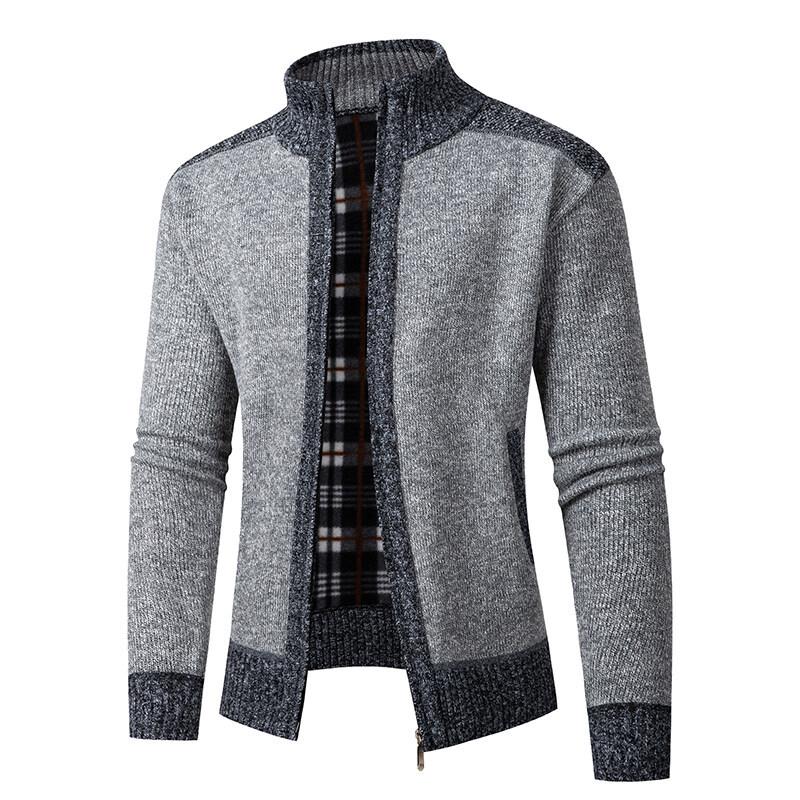 2025 Men's Solid Color Knit Zipper Cardigan - Thick Plus Velvet Coat for Autumn & Winter