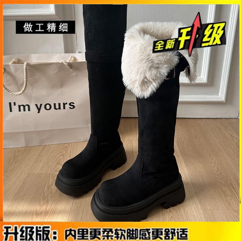 

Leather thick-soled heightening boots for women s winter new velvet thickened warm two wear snow boots over the knee boots 40