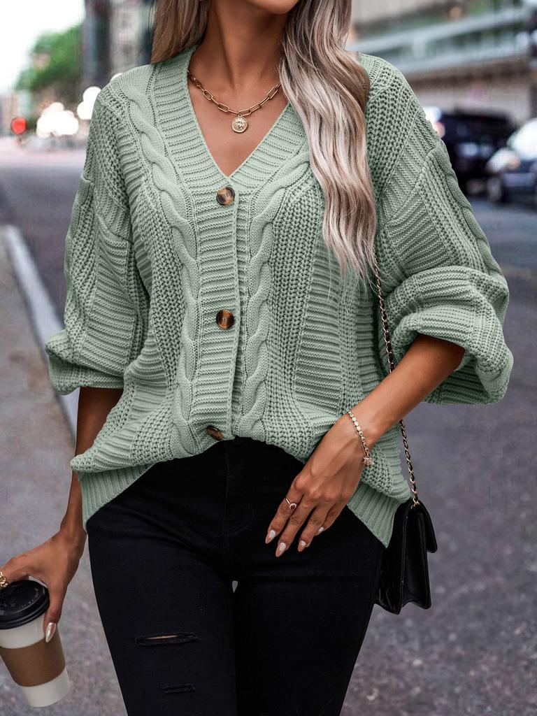 Europe beautiful women knitted cardigan autumn new loose V-neck sexy sweater lantern sleeve jacket