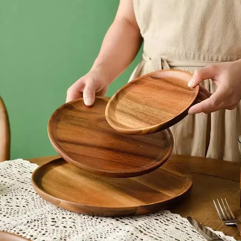 Wooden Round Tray Acacia Wood Home Coffee Bread Plate Multi-Purpose Solid Wood Afternoon Tea Treats