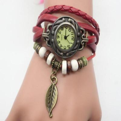 Retro Leaf Angel Wings Pendant Leather Strap Watches Quartz Bracelet Wristwatch