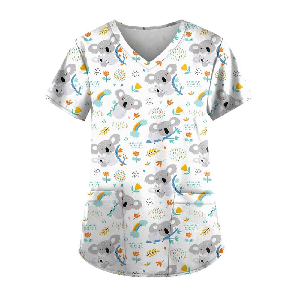 Women's Clothing Cartoon 3D Print V-neck Women's Working Clothes Tops Short Sleeve With Pockets Carers Medical Nurse Uniform