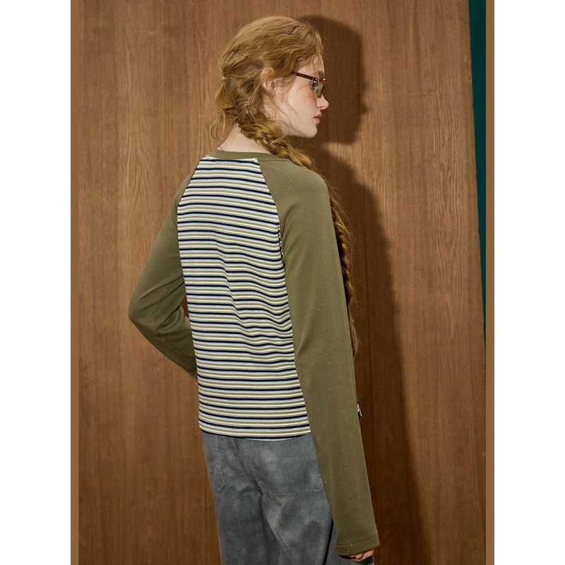 Coolhut Color-Blocked Striped Casual Versatile Long-Sleeve Drop-Shoulder Design New Winter Women's Base Shirt