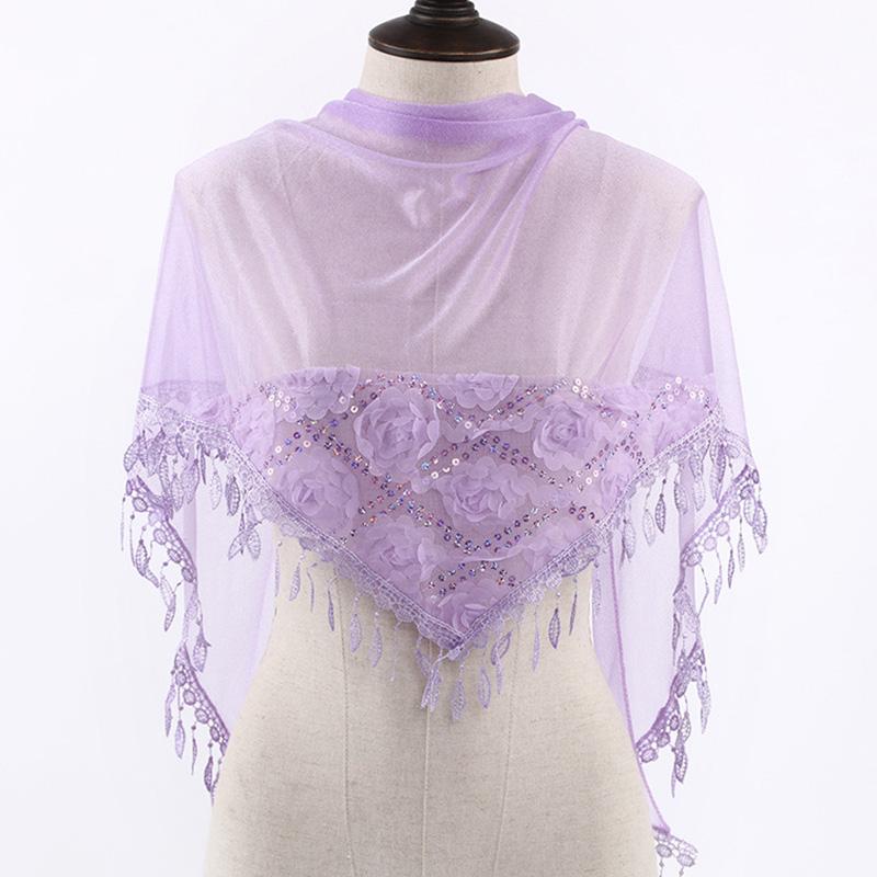 Korean Women Winter Long Neck Protection Plush Warm ShawlSolid Sequin Fragmented Flower Embroidery Lace Tassel Triangle Scarf