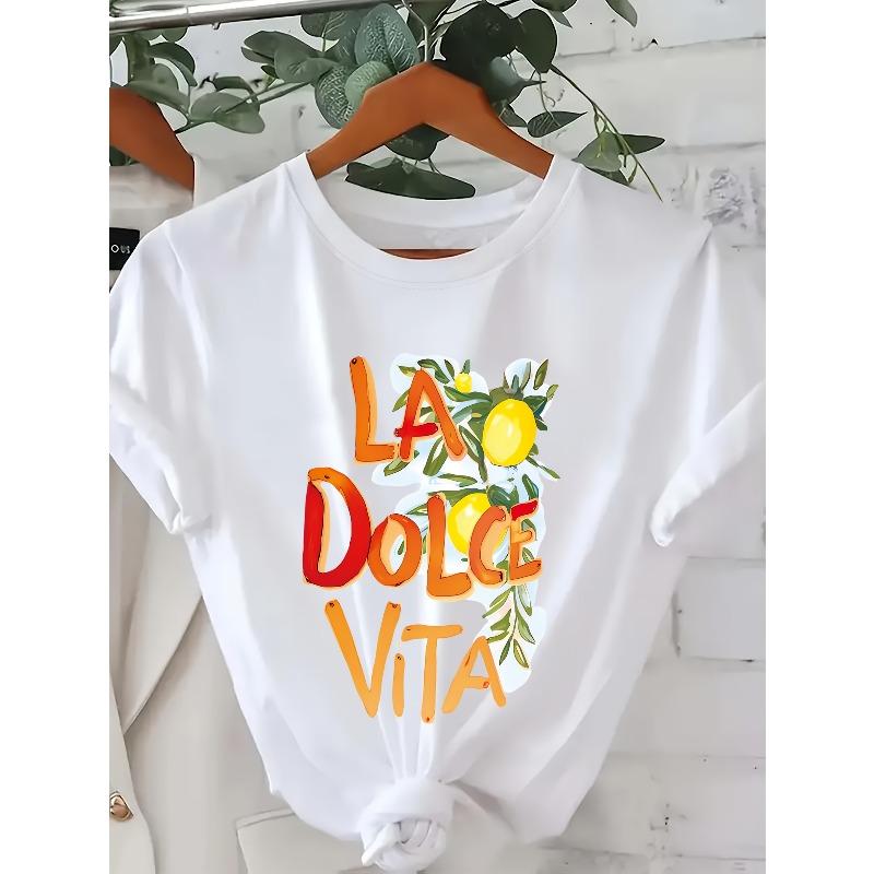 Damen T-Shirt mit Zitronen-Buchstaben-Print, Frühjahrs- und Sommer-Kombiausgabe, Rundhalsausschnitt