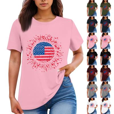 Camiseta de Manga Corta con Cuello Redondo Casual para Mujer con Estampado del Día de la Independencia