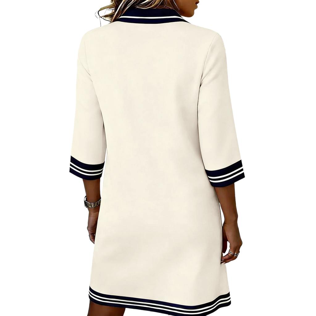 Women's Minimalist Casual Zipper Collar Pocket Color-Block Long-Sleeve Dress