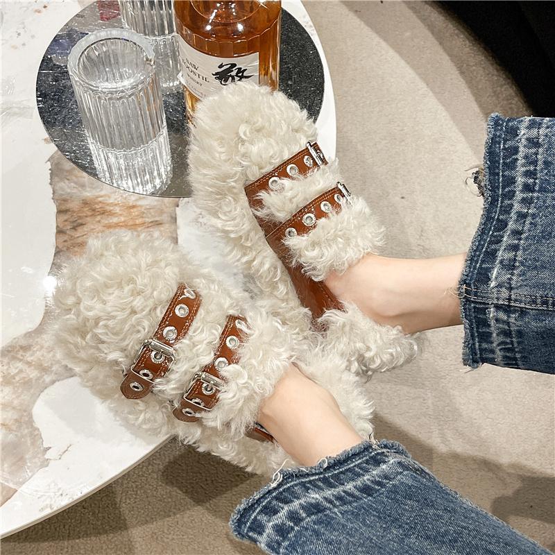 Women Shoes Autumn Slip-on Loafers Fur Female Footwear Casual Sneaker Square Toe Shallow Mouth Fall Slip On Winter Dress White