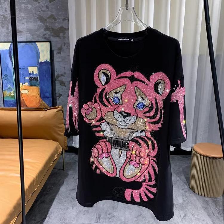 Plus Size Black Slimming Graphic T-shirt - Heavy Duty, Short Sleeve, Little Tiger Print