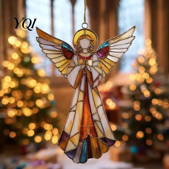 Tree Hanging Charms for Teachers Stained Glass Style Angel Ornament, 2D Acrylic Christmas Holiday Reunion Party Favors Decoration with Gold