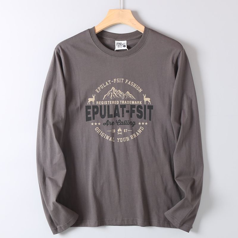 Vintage Printed Cotton Long-Sleeve T-Shirt for Men, Spring and Autumn Versatile Fashion Trendy Round-Neck Base Shirt