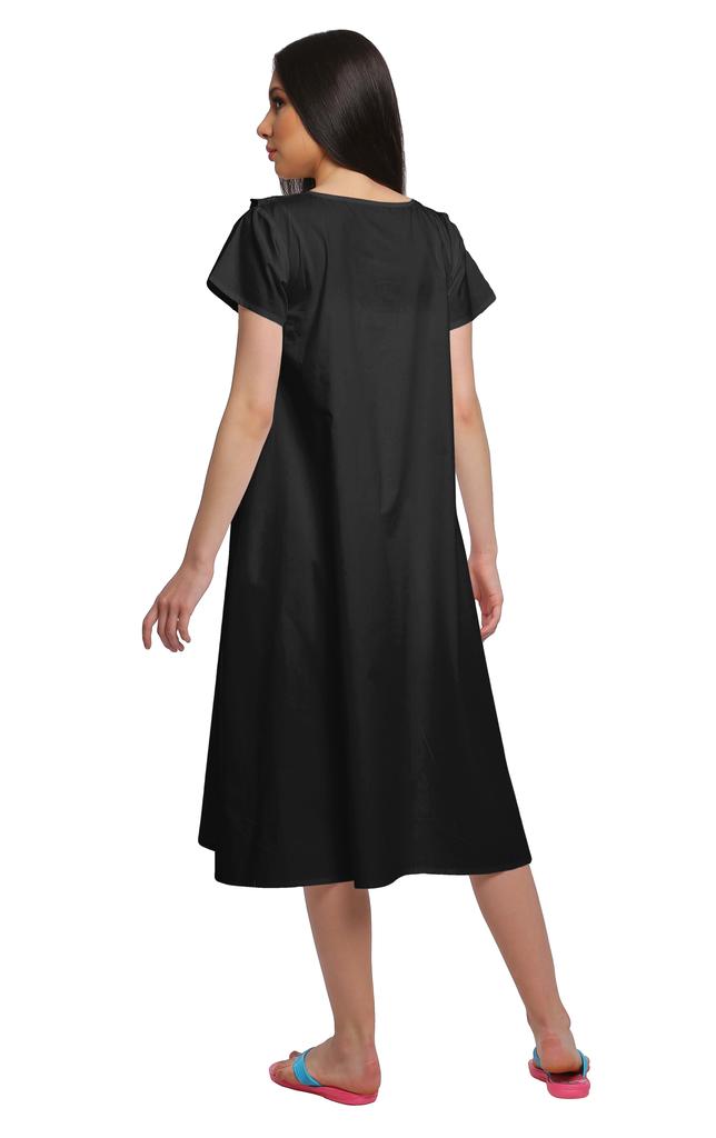 Moomaya Solid Short Sleeve Nightdress For Ladies Button Placket Nightwear