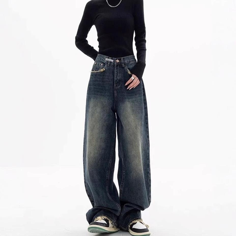 Dark Blue High-Waisted Retro Denim Jeans - Women's Summer Straight-Leg Casual Fit