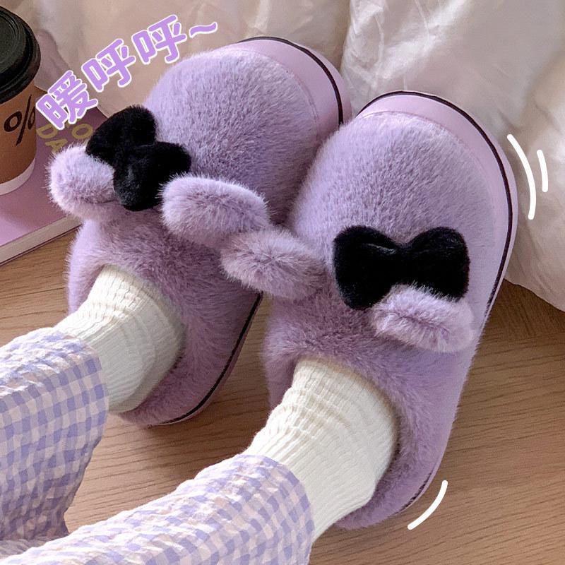 Winter new plush bow rabbit cotton shoes cotton mop outer wear home fleece thickened warm