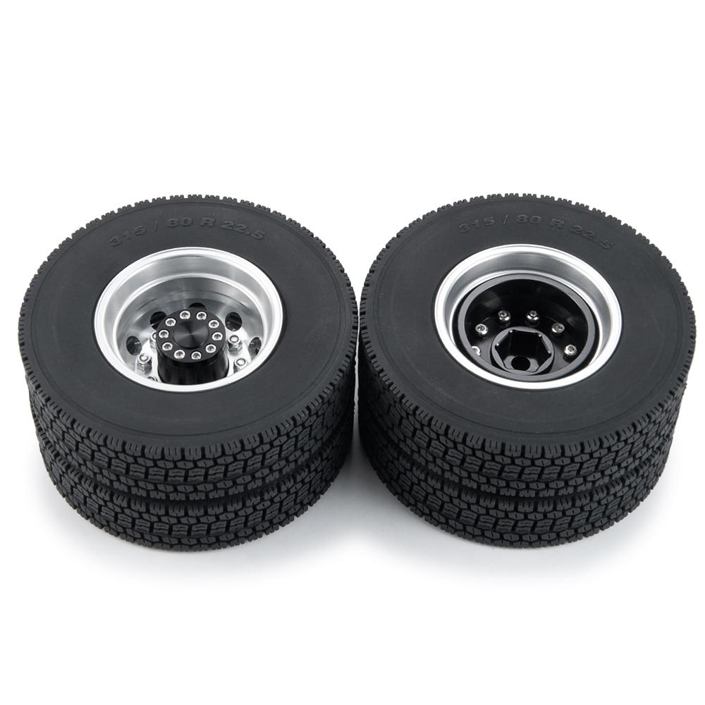 Metal Rear Wheel Hub Rims with 4Pcs Width Rubber Tires Kit for 1/14 Tamiya Remote Control Trailer Tractor Truck