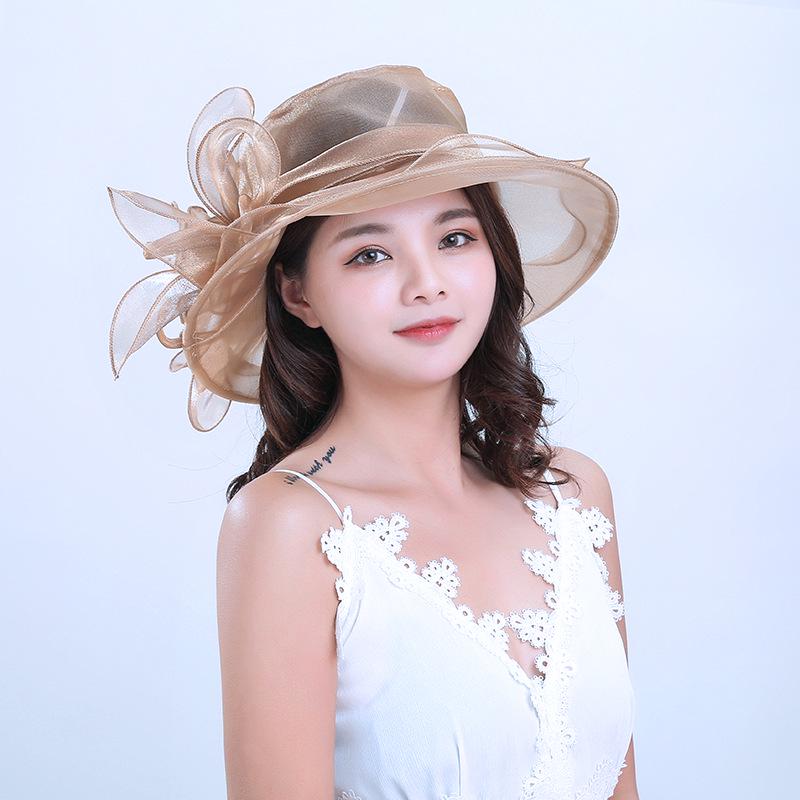 New Women's Summer Korean Style Wide Brim Sun Hat with Mesh and Organza Floral Design