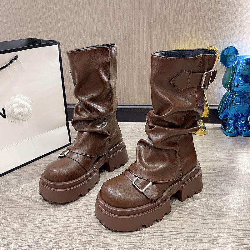 Brown Versatile Thick-soled Heightening Martin Boots Women's 2025 New Spring and Autumn Winter Retro Maillard Medium Boots
