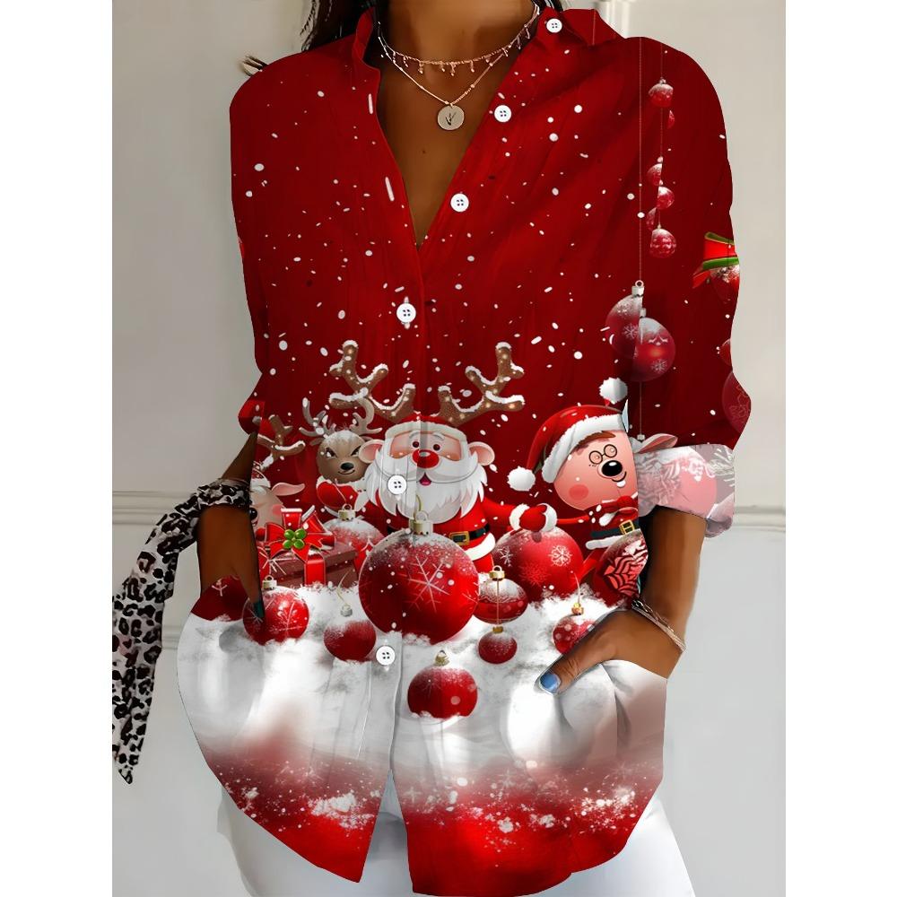 Women's Christmas Elf Snowman Cute Print Shirt Casual Shirt Holiday Party Snowflake Tree Party Print Fashion Trend Wear Shirt