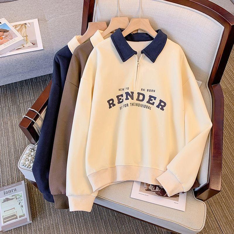 Damen Polokragen Halbreißverschluss Sweatshirt Buchstabendruck Locker Lässig Crop Top