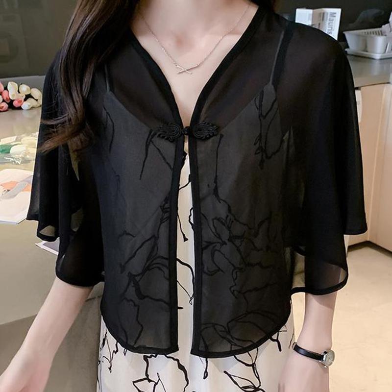 Women'S Summer Cloak Chiffon Scarf Waistcoat Loose Sunscreen Shawl Cheongsam Dress Button Blouse Shoulder Fake Collar Cape T90